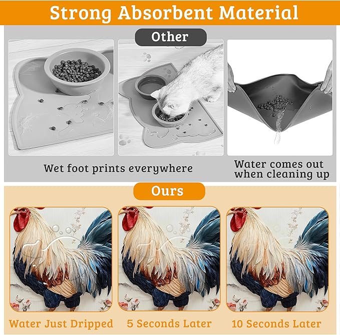 Dog Bowl Mat,Chicken Painting Pet Feeding Mat for Floors Waterproof,Flowers Absorbent Dogs Placemat for Food and Water Quick Dry Pet Cat Feeding Mats with Non Slip Bottom 16" x 24"