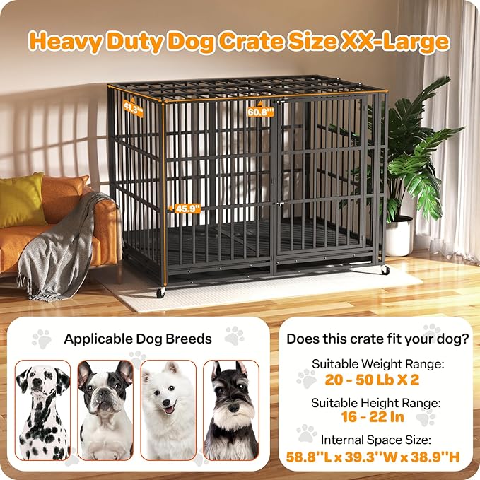 60 Inch Heavy Duty Dog Crate, Indestructible Escape-Proof Dog Kennel for High Anxiety Large Dogs, Strong Metal Pet Cage with Double Doors, Lockable Wheels & Removable Tray, XL XXL XXXL
