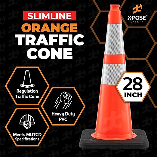 Xpose Safety 28 Inch Orange Slim Line Traffic Cones with 6" & 4" Collars, 1 Pack Multipurpose PVC Plastic Safety Cone for Parking, Soccer, Caution, Kids and Construction - DOT Approved