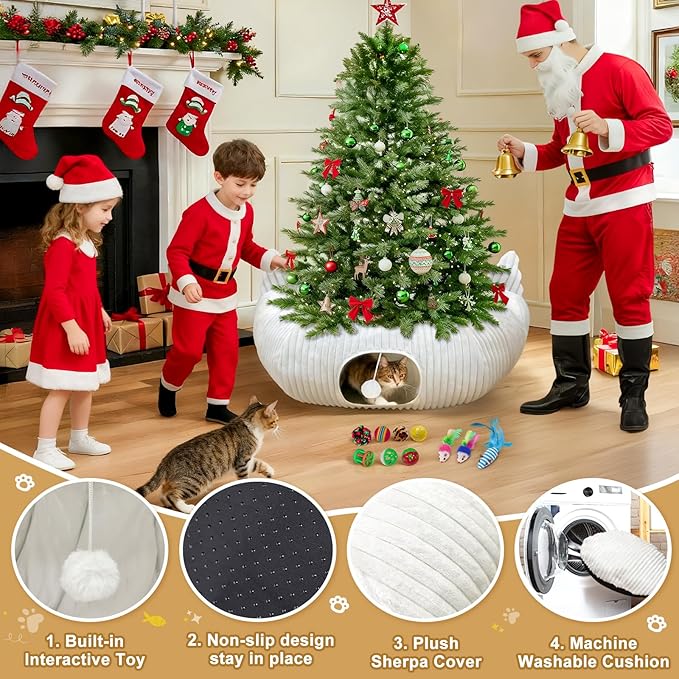 OurWarm White Plush Cat Tunnel Bed Under Christmas Tree, 95cm Large Cat Tunnel Tree Skirt Xmas Decor with 11 Cat Toys, Cozy Holiday Play & Hideaway for Cats, Soft Indoor Cat Activity Center