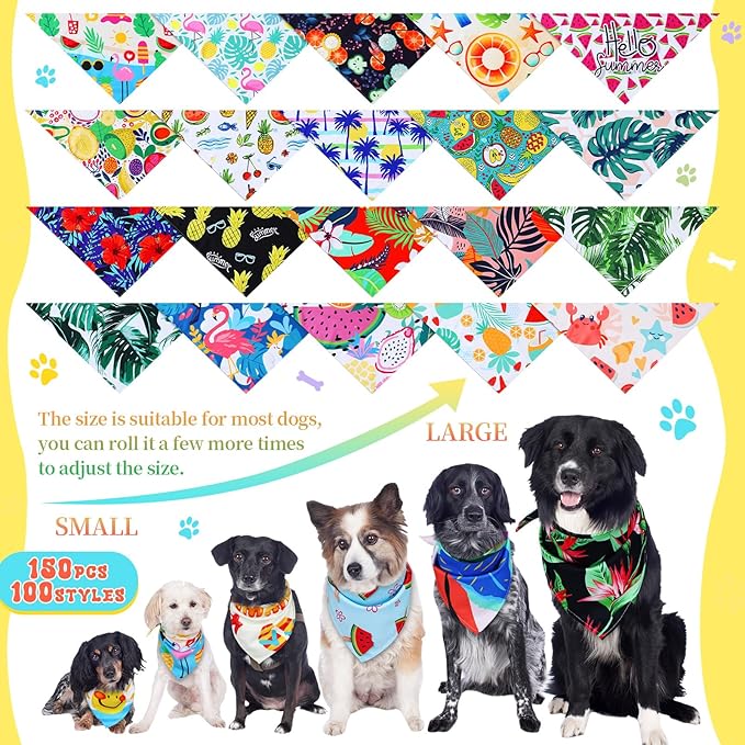 150 Pcs Hawaiian Dog Bandanas Bulk Pet Bibs Colorful Triangle Scarf Pet Bandanas for Medium Large Dogs Hawaiian Summer Luau Party Birthday Costume Decor