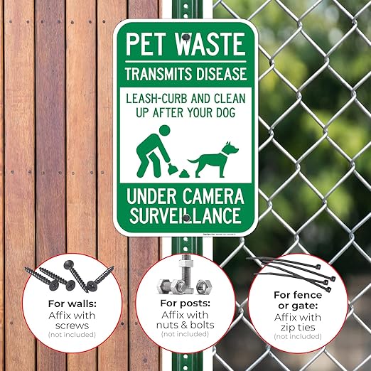 Pet Waste Leash-Curb and Clean Up After Your Dog Under Camera Surveillance Sign, 12x18 Inches, Rust Free .063 Aluminum, Fade Resistant, Made in USA