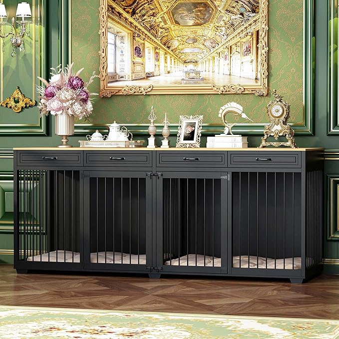 Extra Large Dog Crate Furniture, 93 Inch Heavy Duty Wooden Dog Kennel with Drawers & Removable Divider, Indoor Furniture Style Luxury Double Rooms Dog House for XL Large Dogs, Black