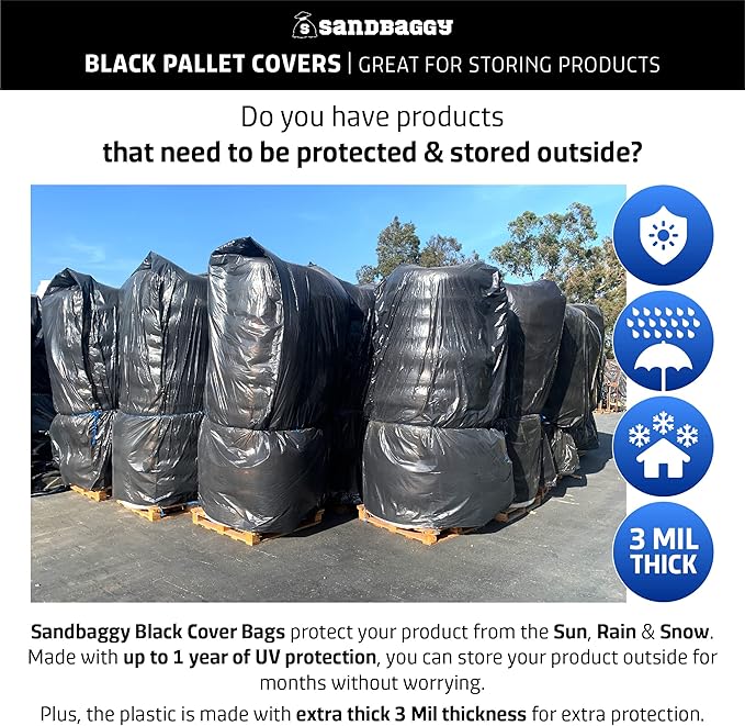 Sandbaggy Black Pallet Covers | Made in USA | Tarp Fits Large Pallets Up to 55" x 55" x 75" | Built w/ 1 Year UV Protection | Heavy Duty 3 Mil Thick Plastic (Pack of 4, 3 Mil Thick)