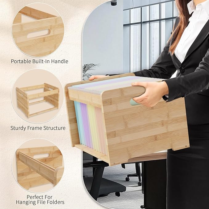 Bamboo Hanging File Organizer, Office Desk File Organizer for Letter Size, Wood Hanging File Folders Organizer Record Holder Storage Stand Bookshelf Easy Assembly, Natural