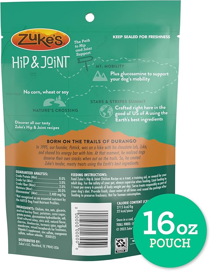 Zuke’s Hip and Joint Support Dog Treats for Adult Dogs of All Sizes, Senior Dog Treats made with Real Chicken, 16 oz. Resealable Pouch - 16 oz. Bag