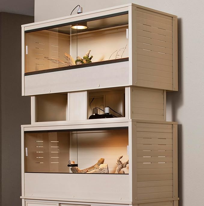 New Age Pet ECOFLEX Two Large Reptile Enclosures with Matching Stacker and Cabinet Stand Set in Maple