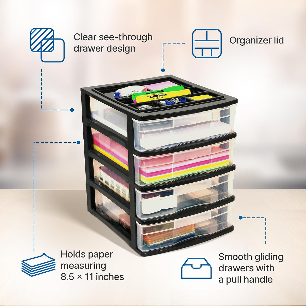 Gracious Living 4-Drawer Desktop Organizer with Tray Top, Black, 3-Pack