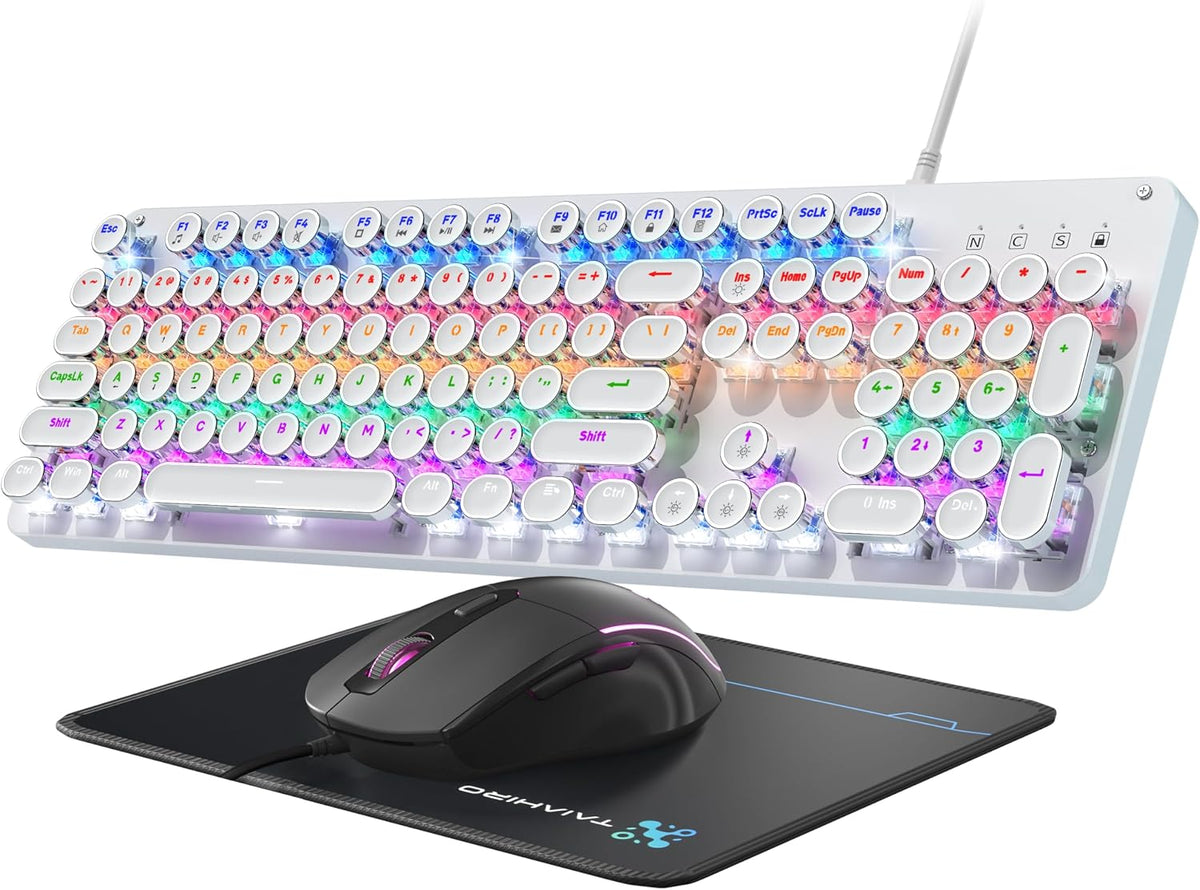 Typewriter Mechanical Gaming Keyboard and Mouse, Metal Panel Retro Keyboards with Round Keycap Blue Switch, Rainbow LED Backlit 104-Key Anti-Ghost Wired Mouse and Pad Combo for PC Laptop Mac Gamer
