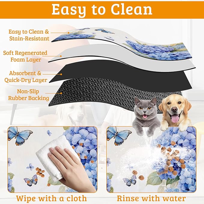 Pet Feeding Mat,Blue Hydrangea Absorbent Dog Cat Food Mat Butterfly Floral Dog Mat with Rubber Backing,Non-Slip Water Bowl Placemat,Pet Supplies 12" x 20"