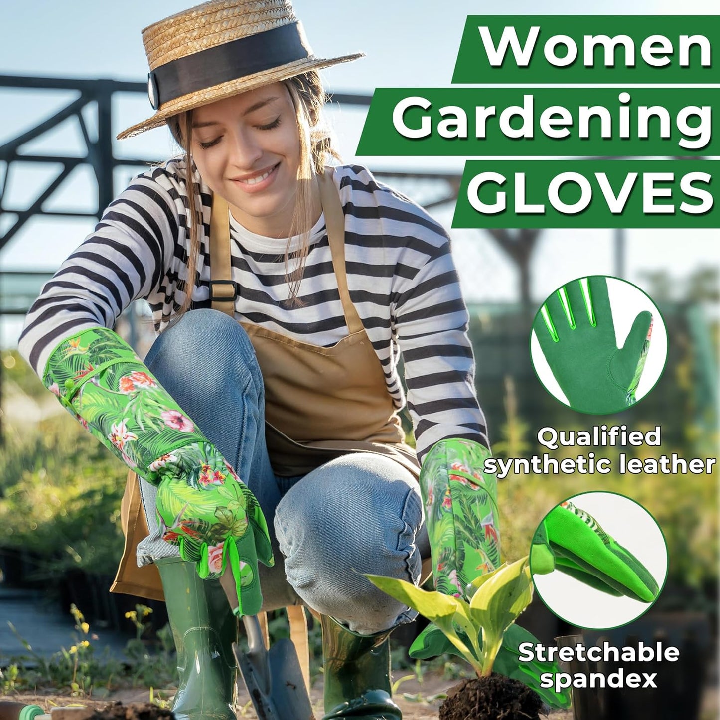 HANDLANDY Women Gardening Gloves, Thorn Proof Breathable Ladies Rose Pruning Long Gauntlet Floral Print Garden Yard Gloves, Gift for Gardeners (Green, S)