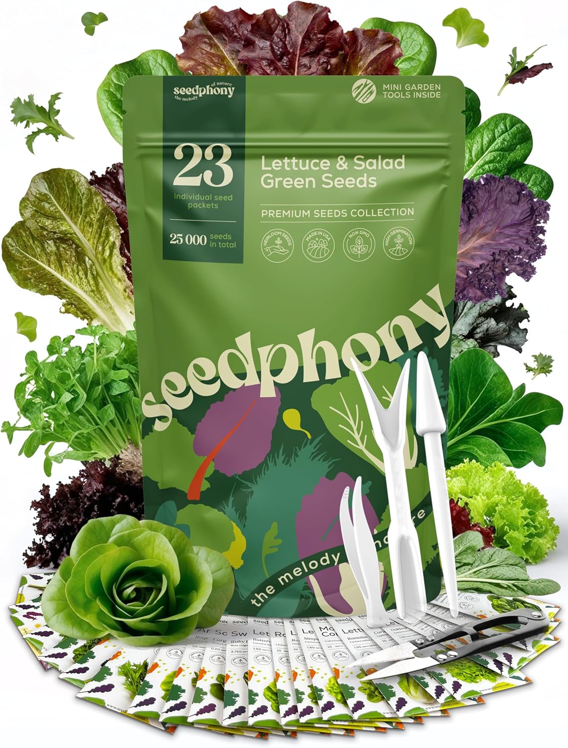 23 Lettuce & Salad Greens Seeds Variety Pack - 25,000+ Non-GMO Heirloom Greens Seeds for Planting Lettuce Indoor & Outdoor: Arugula, Mizuna, Kale, Spinach, Swiss Chard, Mache & More Lettuce Seeds