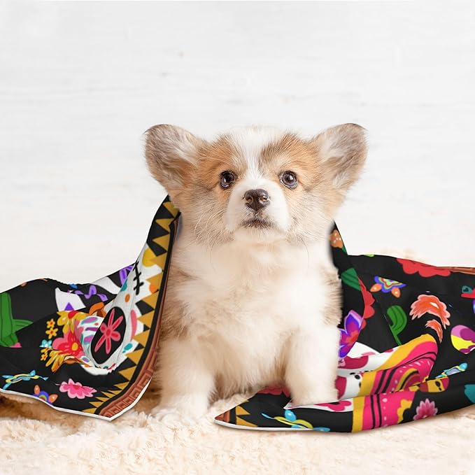 Mexican Blanket for Pet - Floral Skeletons Throw Blanket 40x30 Skull Couch Blankets for Puppy Dogs Cats