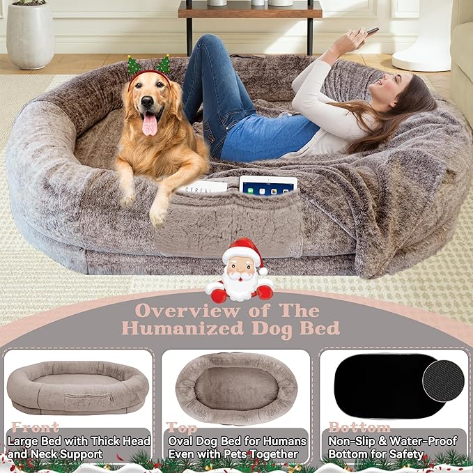Human Dog Bed, 72"x48"x11" Extra Large Bean Bag Bed for Adults and Dogs, Ultimate Comfort Washable Fur and Blanket (Brown)