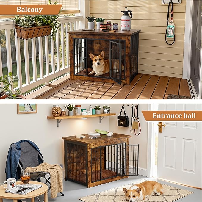 Greesum Modern Dog Crate Furniture That Doubles as a Side Table - Sturdy Wooden Kennel with Double Door Design, Equipped with Soft Cushion & Chew-Resistant Resign, Suitable for Dogs