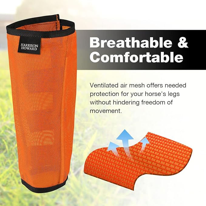 Harrison Howard Loose Fitting Fly Boots UV-Protective Extra Tough Mesh Ventilated Four Fasteners Stay-on Design Protect Horse Legs & Stomp-Reducing Set of 4 Orange Medium