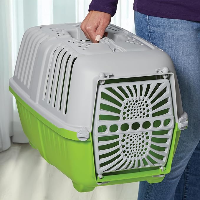 MidWest Homes for Pets Spree Travel Carrier – Hard-Sided Dog & Cat Carrier, Small Pet Travel Crate with Handle, Ventilated Design, Durable Plastic Door, Easy Assembly, 22-Inch, Green