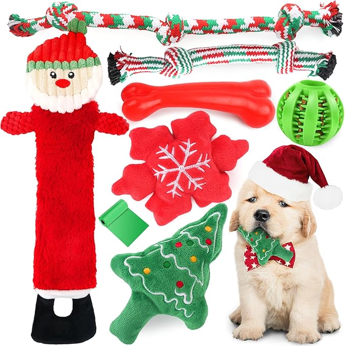 Christmas Dog Toys 8 Pack - Santa Squeaky Plush Chew for Puppy, Durable Interactive Rope for Teething, Treating Ball and Bone Rubber for Small Dogs