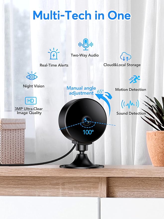 Indoor Security Camera 2K 3MP, Motion & Sound Detection, Real-Time Alerts, Two-Way Audio, Works with Alexa & Google Assistant, Home Security Camera with 256GB SD & Cloud Storage, Black, 2.4GHz