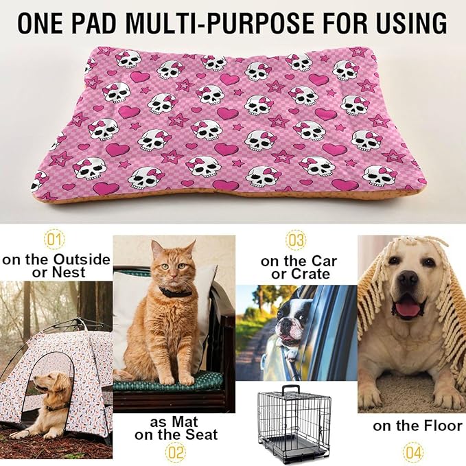 Pink Skull Pet Bed Cute Dog Bed Mat Absorbing Non Slip Pad Pet Sleeping Mat for Small, Medium, and Large Dogs Puppy Cat 24 in x 18 in
