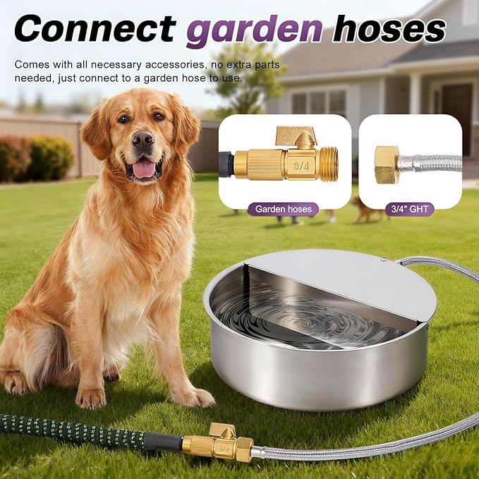 6L Automatic Dog Water Bowl Dispenser Outdoor Stainless Steel Pet Waterer Self Filling Waterer for Large Dog Cat Chicken Duck Goat