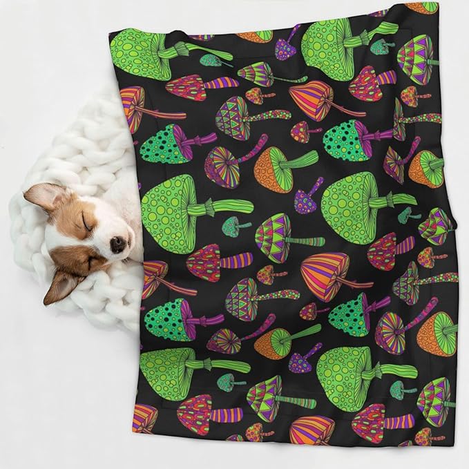 Double Sided Plush Pet Blanket with Cozy Dot Texture and Smooth Reverse, Trippy Mushrooms, Reversible Throw for Dogs Cats on Couches Beds Crates