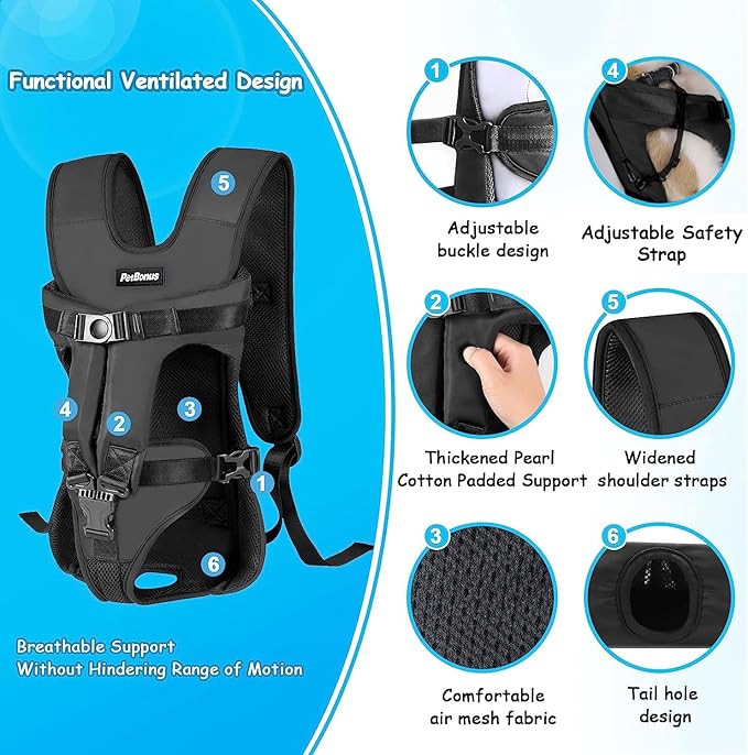 PetBonus Pet Front Dog Carrier Backpacks, Adjustable Pet Backpack, Legs Out Easy-fit Puppy Chest Carrier for Medium Small Dogs, Hands Free for Hiking, Cycling (Black, M)