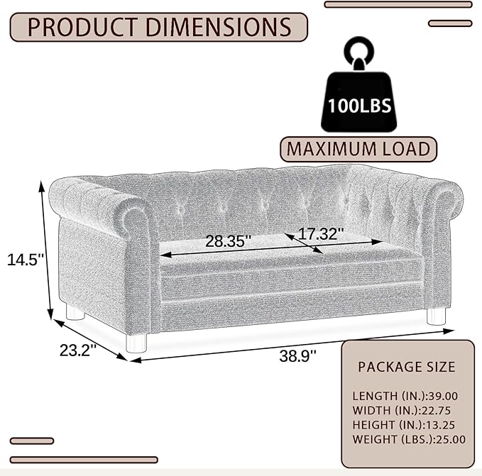 Elevated Rectangle Dog Sofa for Small & Medium Dogs - Comfortable Linen Fabric Dog Bed with Button Tufted Back, Durable Modern and Stylish Pet Bed for Living Room, Bedroom (Light Grey)