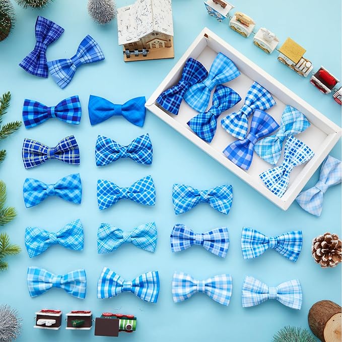 Hillban 50 Pcs Plaid Dog Bow Ties, Dog Collar Bowtie Attachments with Elastic Bands, Blue Check Bowknots for Pets, Grooming Accessories & Photo Props