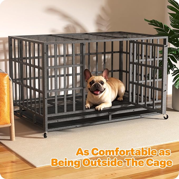 38 Inch Heavy Duty Dog Crate, Indestructible Escape-Proof Dog Kennel for High Anxiety Large Dogs, Strong Metal Pet Cage with Double Doors, Lockable Wheels & Removable Tray, XL XXL XXXL