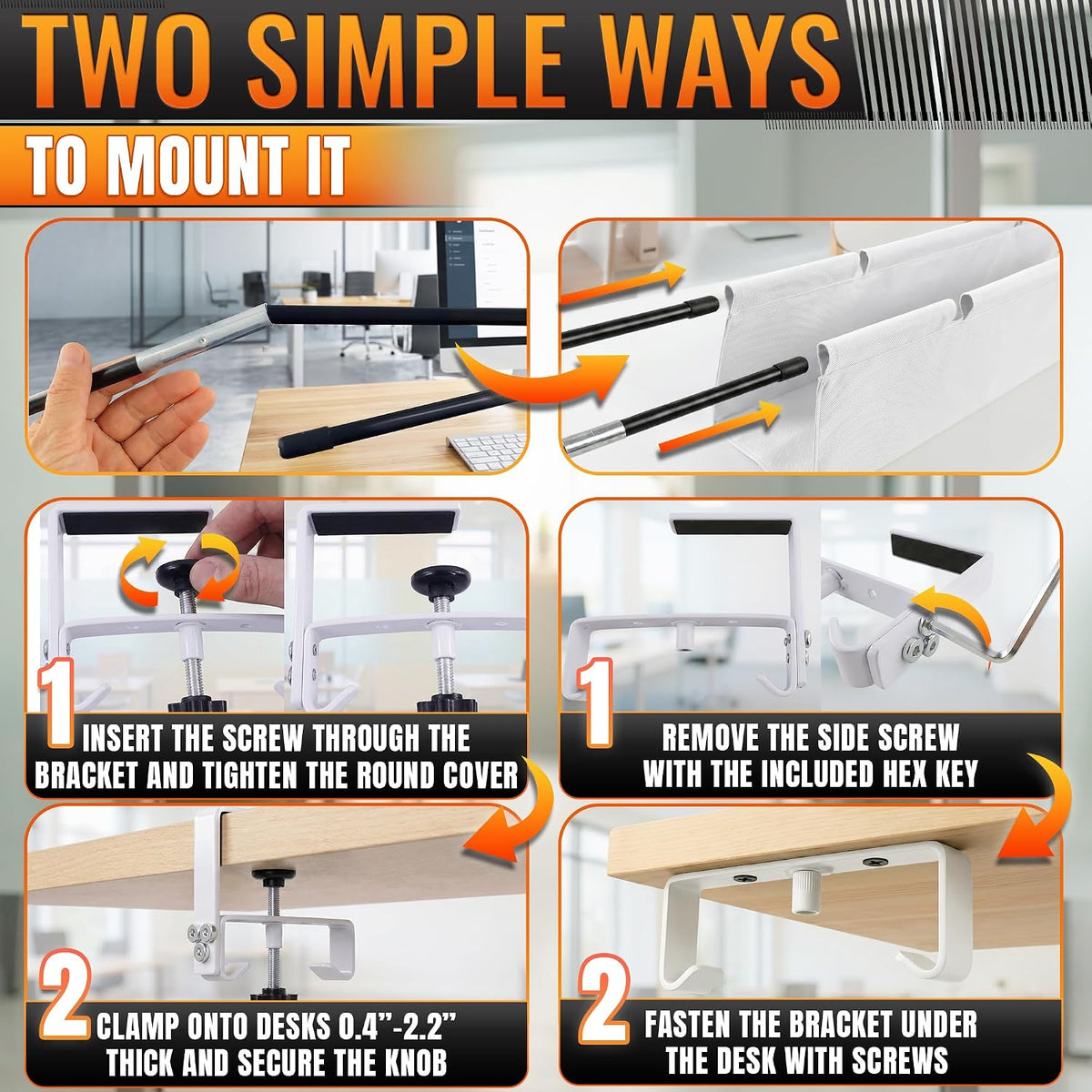 Under Desk Cable Management Tray 28" — No Drill Clamp-On Cord Organizer for Desk with Built-in Ties, Heavy Duty Metal Clamp, Foldable 600D Oxford Fabric for Home Office, WFH & Gaming PC Setup (White)