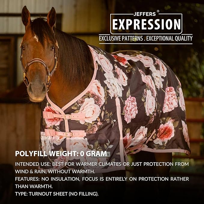 Jeffers Expression 1200 Denier Standard Neck Turnout Blanket, Rose Garden, 69" - Waterproof, Breathable Horse Blanket with 0g Polyfill, No insulation - Ideal Protection for Wind and Rain, Light Weight