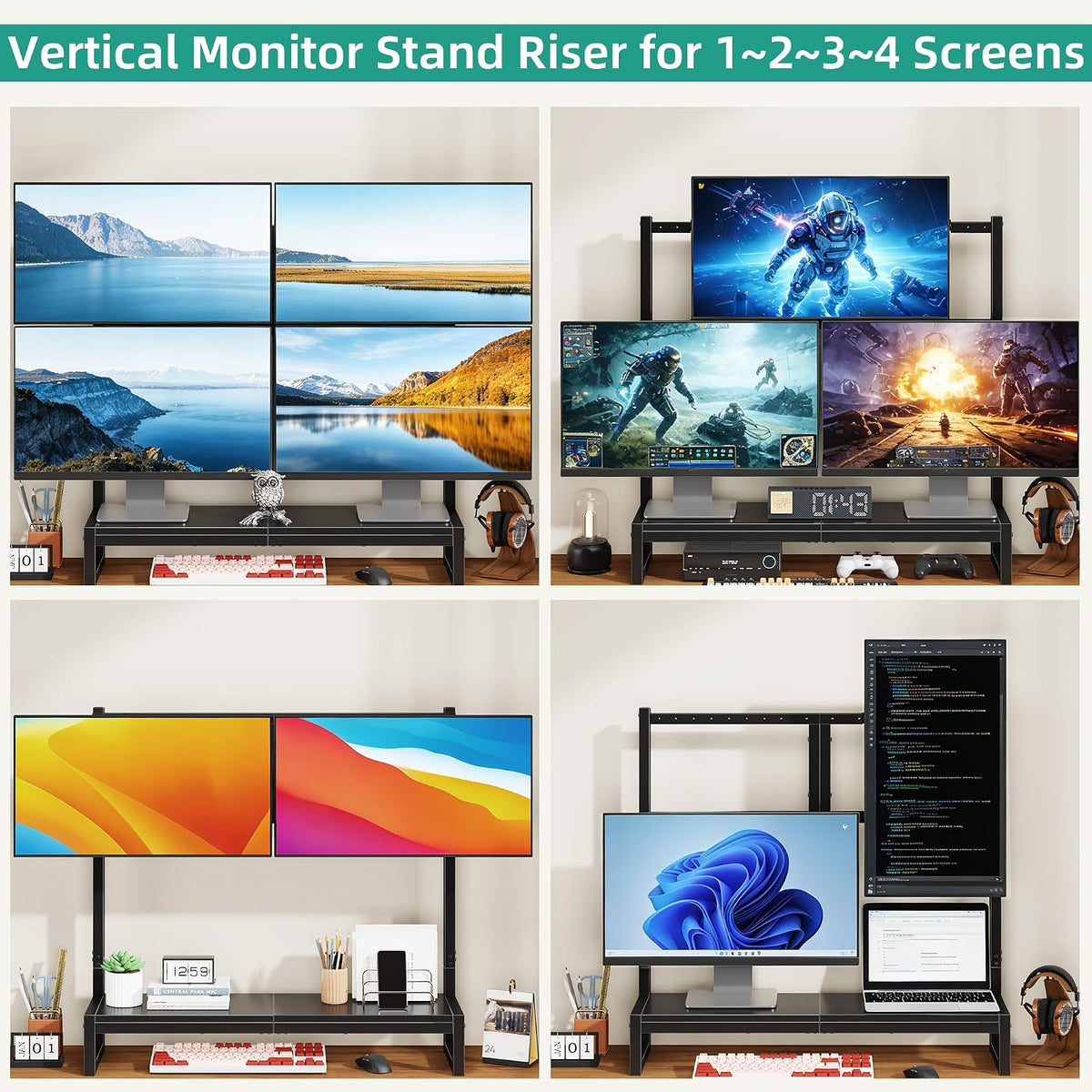 YAOHUOO Computer Monitor Mount Arm with LED, Heavy Duty Fully Adjustable Stand with C-Clamp, Computer Screen Storage Shelf for Office,Living Room