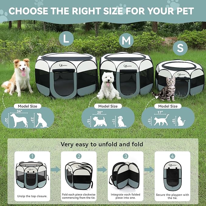 Dog Cat Playpen, Puppy Pet Playpen Indoor for Small Dog Crate Tent Cage Outdoor, Portable Pop Up Dogs Enclosure Kennel with Carrying Case for Dogs/Cats/Rabbits(Grey, Small