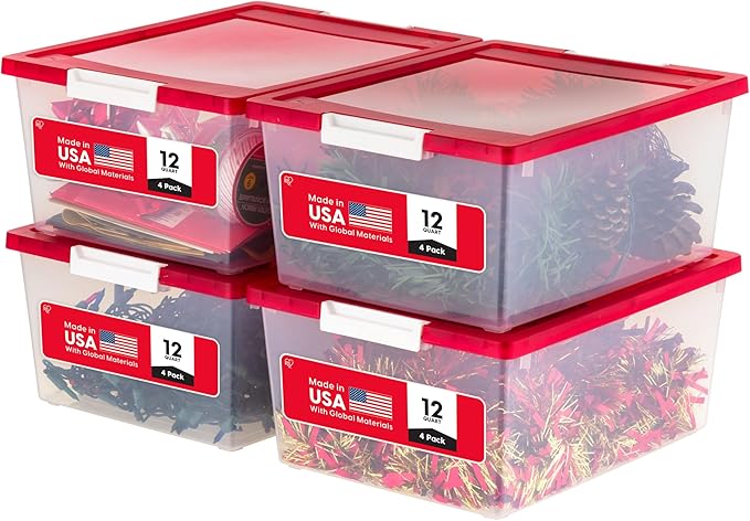 IRIS USA 12 Qt. Plastic Storage Bins Containers with Lids, 4 Pack, Sensory Bin, Craft Storage, Craft Organizers and Storage, Organizing Container for Home, Office School Supplies, Stackable, Clear/Red