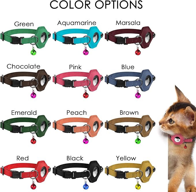 Breakaway Airtag Cat Collar with Removable Bell - Leather Pet Collar with Apple Air Tag Holder - Adjustable GPS Collars for Girl Boy Cats Kitten Puppy - Lightweight, Cute and Comfortable (Chocolate)