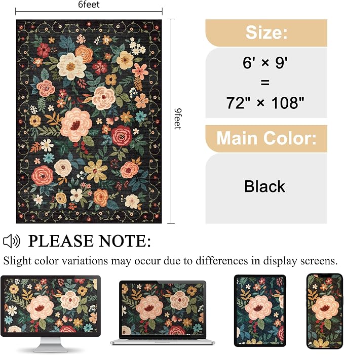 DUKINO 6x9 Area Rug, Floral Rugs