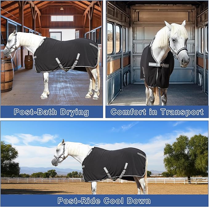 Horse Fleece Cooler, Blanket Liner - 300g Anti-Pilling Fleece, Moisture-Wicking, Cooling & Drying for Post-Workout, Bath & Travel, Prevent Overheating & Chilling Black 81