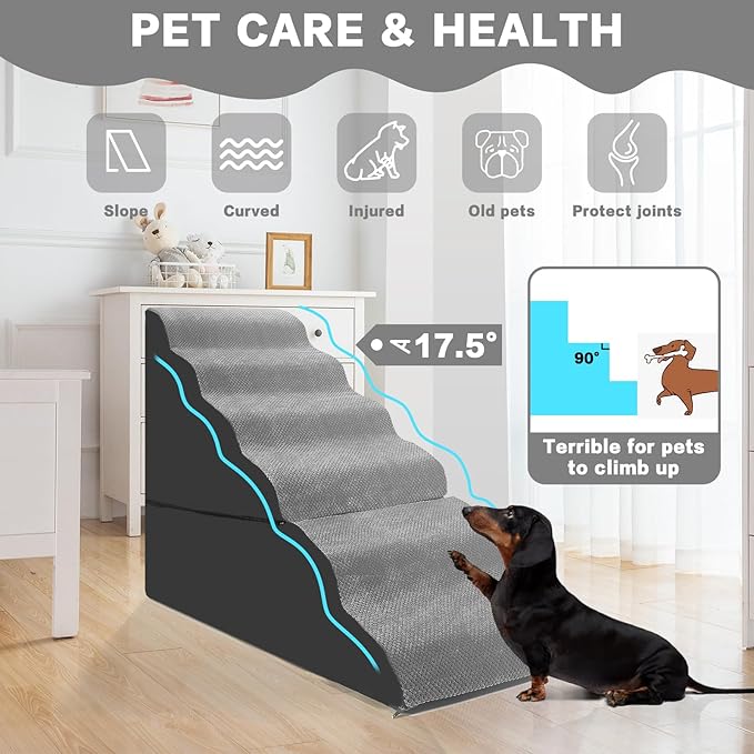 Dog Stairs for High Beds 30-36 inches Tall, 6-Step Dog Steps for Bed 32-36 inches for Small Large Dogs, Doggie Ramp for Bed, 30D Foam Pet Stairs for Old Dogs/Cats, Free-Installation, Grey