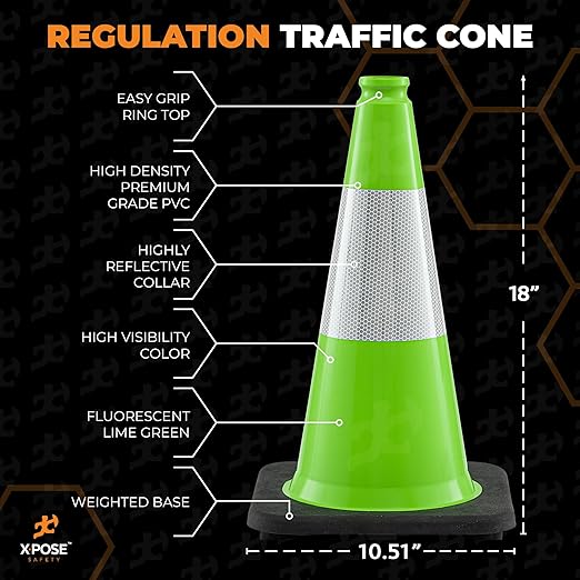 Xpose Safety 18” Lime Green Traffic Cone - 6" Reflective Collar – 4 Pack Premium PVC Safety Cone for Parking, Caution, Construction, Road Crews, Emergency Vehicle - DOT Approved