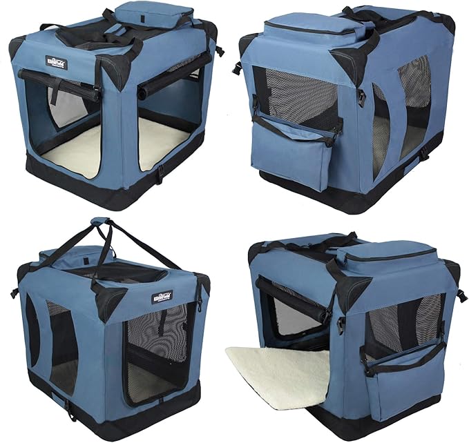 EliteField 3-Door Folding Soft Dog Crate with Carrying Bag and Fleece Bed (2 Year Warranty), Indoor & Outdoor Pet Home (24" L x 18" W x 21" H, Blue Gray)