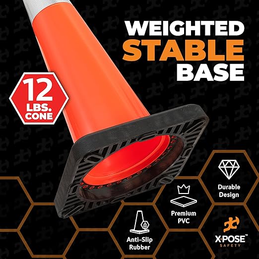 Xpose Safety 36 Inch Orange Slim Line Traffic Cones Heavy Duty 12lb with 6" & 4" Collars, 4 Pack Multipurpose PVC Plastic Safety Cone for Parking, Soccer, Caution, Kids & Construction - DOT Approved