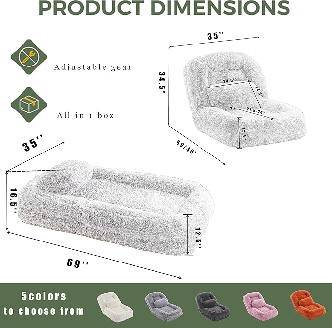 Dark Gray Foldable Human Dog Bed - 69"x35"x12" Fits You & Pets with Comfy Pillow, Washable Faux Fur, Oversized Lounger Lazy Sofa Beds with 5 Adjustable Position