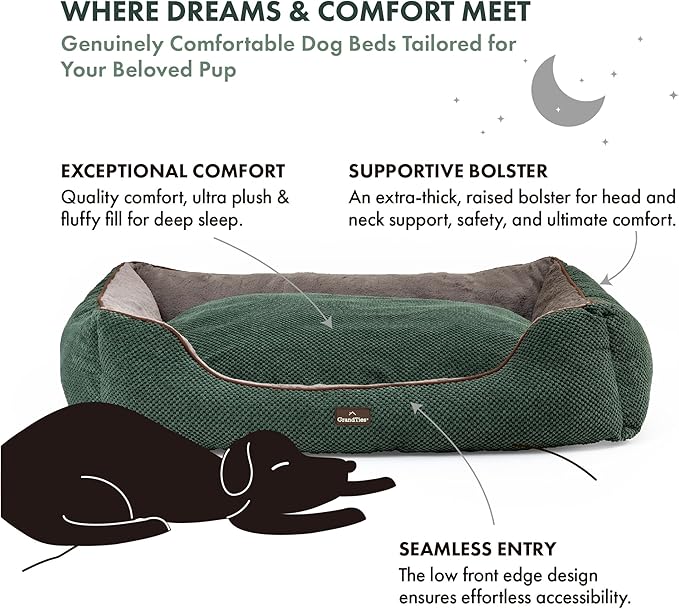 GRANDTIES Fluffy Dog Beds for Small Medium Large Dogs & Cats, Machine Washable Dog Bed, Rectangle Breathable Soft Calming Sleeping Warming Pet Beds with Waterproof & Non-Slip Bottom (XL 40", Olive)