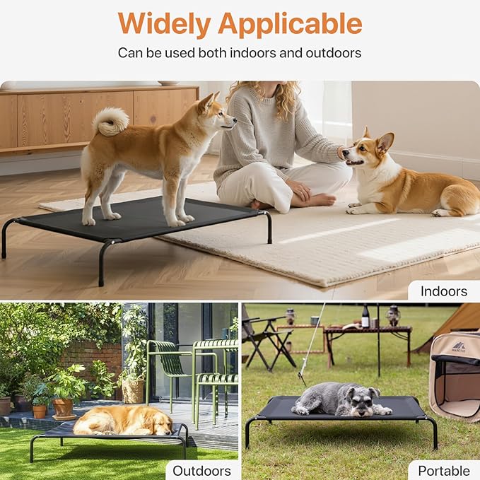 Elevated Dog Bed, Raised Outdoor Dog Cots Beds for Medium Dogs, Waterproof for Indoor & Outdoor, Cooling Hammock Cot with Breathable Mesh, Black, 37 Inches