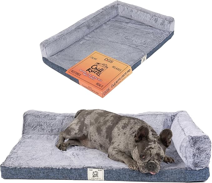 Dog Gone Smart Chill Kuzzi Dual Bolster Crate Pad - Washable Dog Bed Infused with Far Infrared Rays (FIR) - Supportive Plush Cushion for Crates, Travel, and Recovery - Slate Blue, Large 22 x 35 Inches