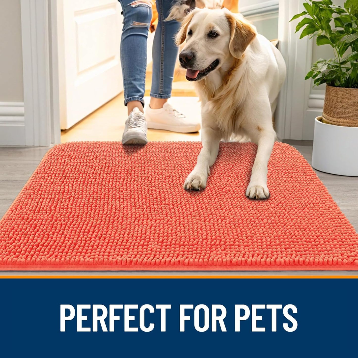 OLANLY Dog Door Mat for Muddy Paws 47x20, Absorbs Moisture and Dirt, Absorbent Non-Slip Washable Doormat, Quick Dry Chenille Mud Mat for Dogs, Entry Indoor Entryway Carpet for Inside Floor, Coral