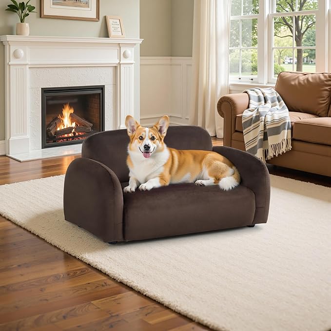Lovupet Dog Couch with Rounded Corner Design and Anti-Slip Feet, Modern Pet Sofa for Small Medium Dogs, 5967 (Brown)