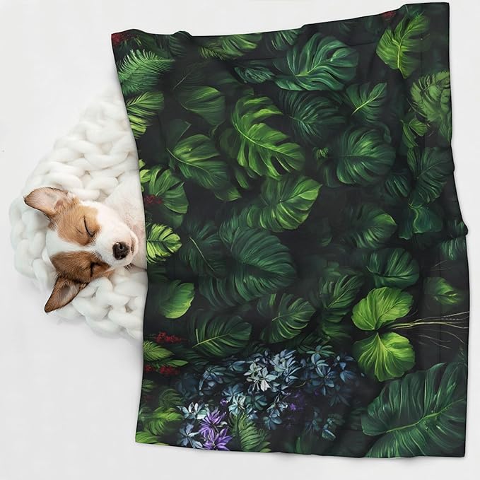 Waterproof Dog Blanket Soft Pet Blanket for Puppy Cat, Fleece Cat Throw Blankets for Furniture Bed Couch Sofa Reversible - Lush Foliage Green Plant