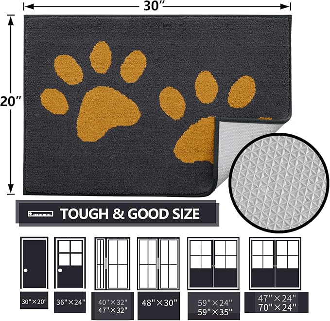 Buganda Dog Door Mat for Muddy Paws, Absorbent Dirt Trapper Washable Indoor Doormats, Non Slip Low-Profile Mud Mat for Dogs, Front Entrance Doormat for Inside Floor (36x24Inches,Dark Grey and Yellow)